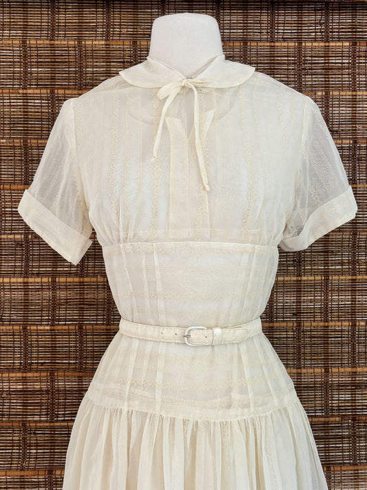 Vintage 1950s Dress - Ivory Sheer Flocked Chiffon Delicate Day Dress Size M