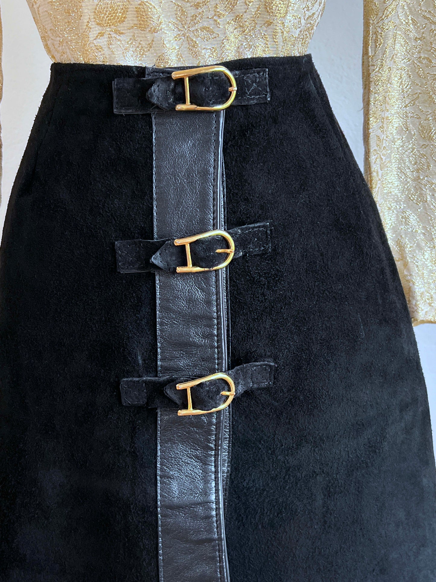 Vintage 1970s Skirt - LUXURY Saks Fifth Avenue A-line Leather Mini Skirt w Golden Equestrian Hardware Size S - M