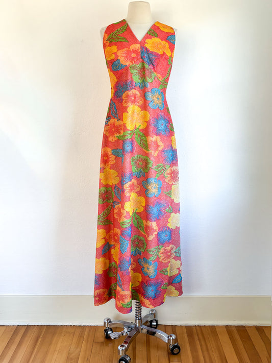 Vintage 1960s Dress + Jacket Set - Citrus Hues Silver Lurex Metallic Hibiscus Tropical Print Maxi Sundress + Blouse Size L