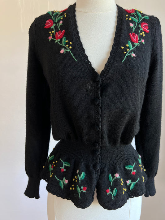 Vintage 1980s Knit Sweater - FOLK BEAUTY! Black Hand-Embroidered Wool Knitwear Cardigan Size S to XL Range