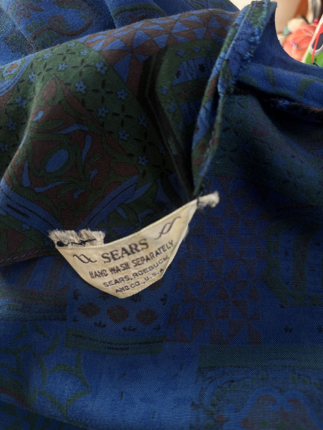 Vintage 1950s to 1960s Dress - Volup! Soft Rayon Cobalt Blue w Pine Baroque Print Belted Shirtwaist Size L to XL