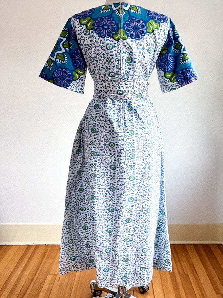 Vintage 1960s to 1970s Maxi Dress - Designer Ramona Rull Boho Blue Purple Lime Cotton Block Print Belted Gown Size XS to M