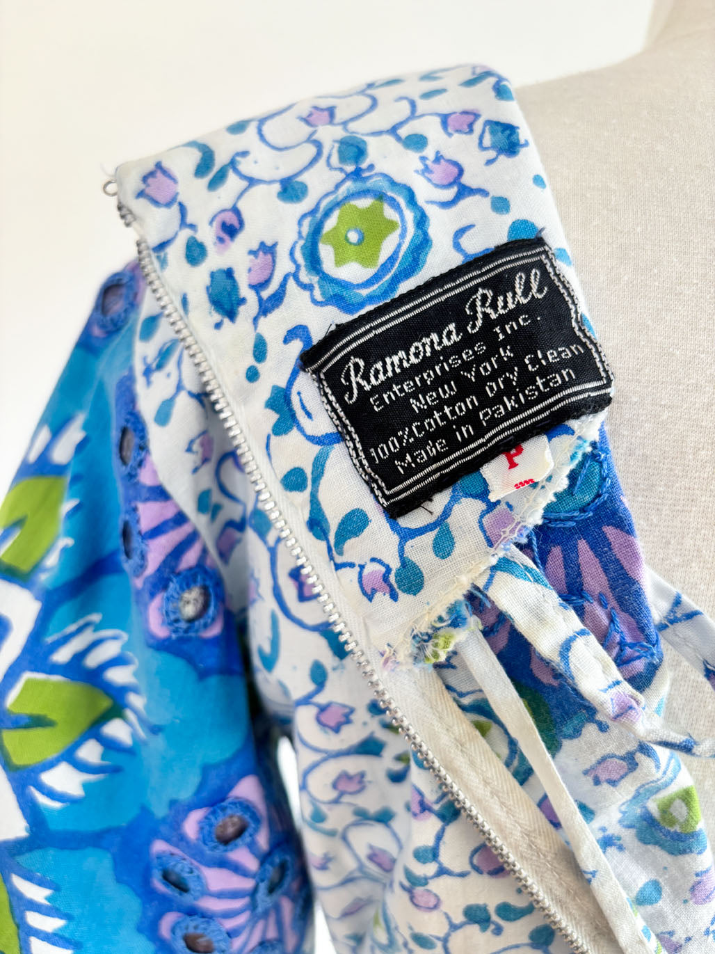 Vintage 1960s to 1970s Maxi Dress - Designer Ramona Rull Boho Blue Purple Lime Cotton Block Print Belted Gown Size XS to M
