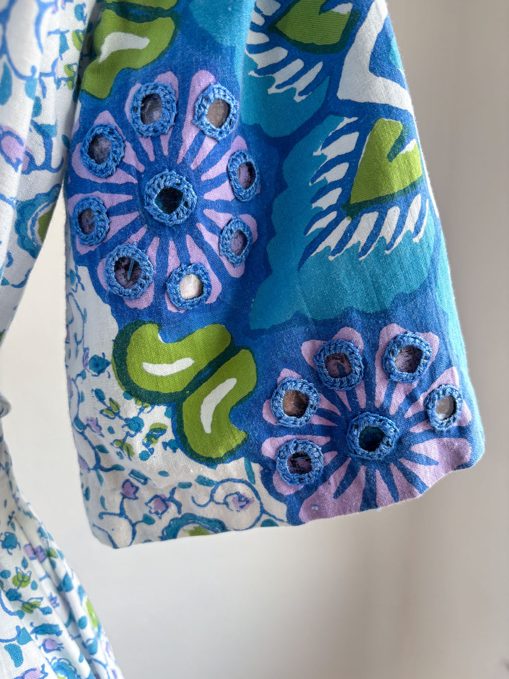 Vintage 1960s to 1970s Maxi Dress - Designer Ramona Rull Boho Blue Purple Lime Cotton Block Print Belted Gown Size XS to M