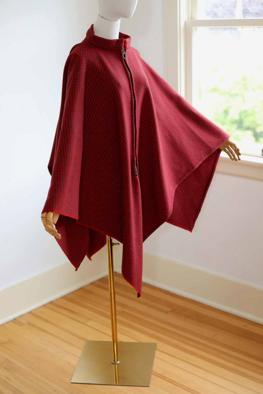 Vintage 1960s Wool Jersey Cape - Scarlet + Dark Olive w Bold Mod Brass O-ring Zipper One Size XS to XL