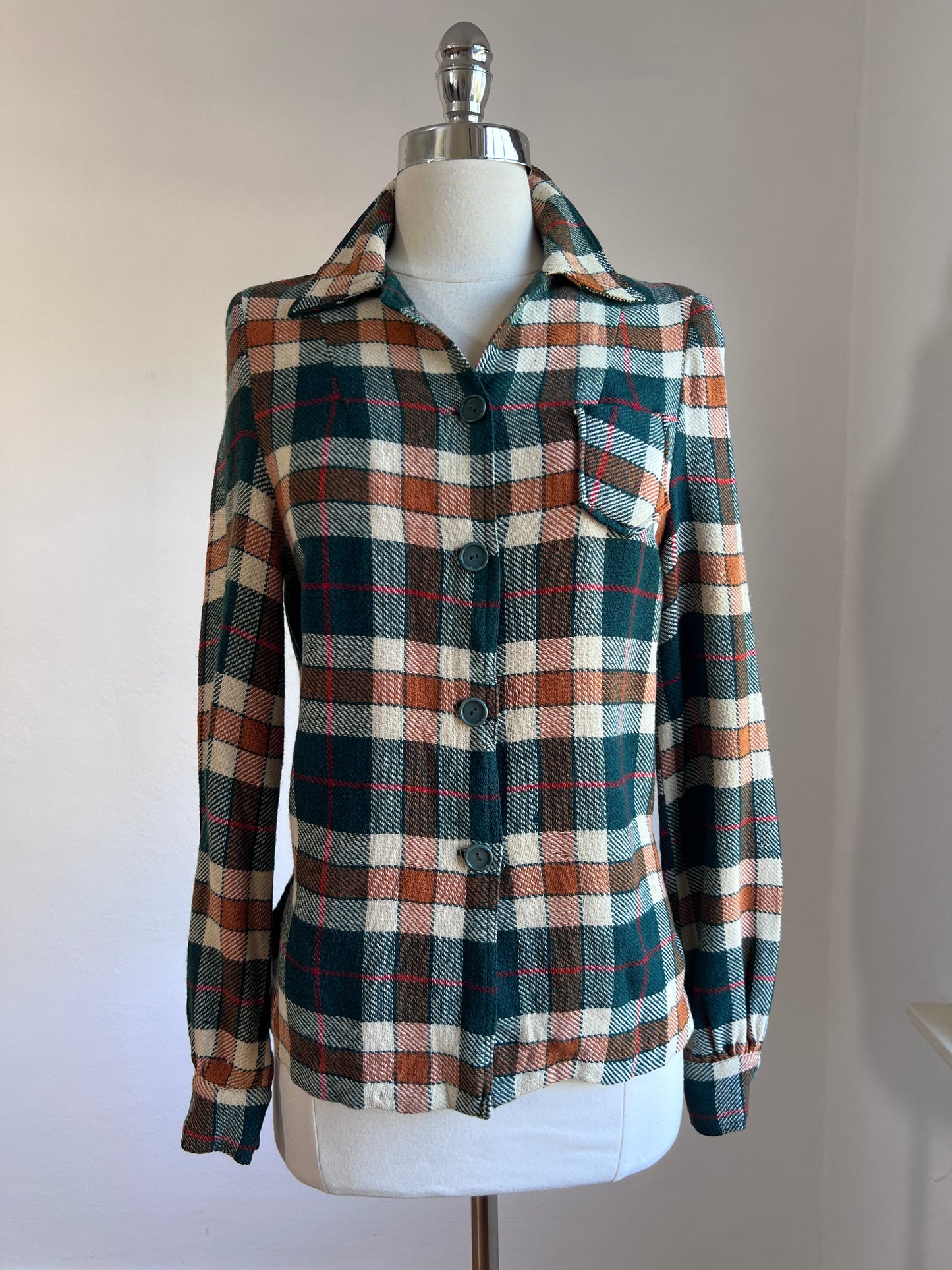 Vintage 1940s Wool Blouse - GORGEOUS Autumnal Pine Pumpkin Red Plaid w Pocket Sport Top Size S