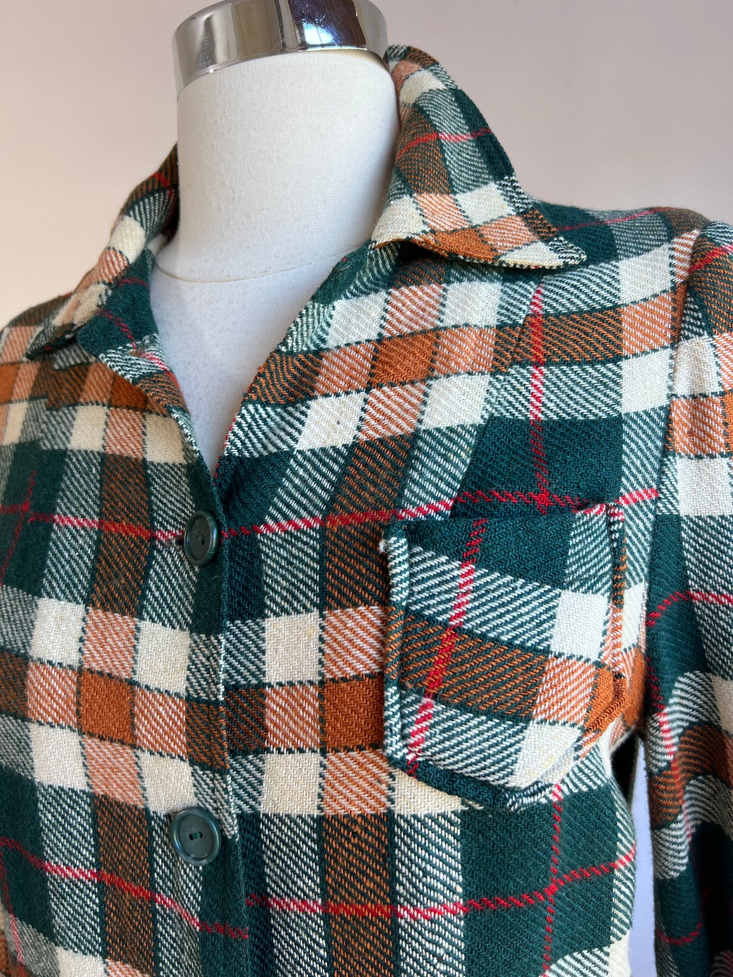 Vintage 1940s Wool Blouse - GORGEOUS Autumnal Pine Pumpkin Red Plaid w Pocket Sport Top Size S