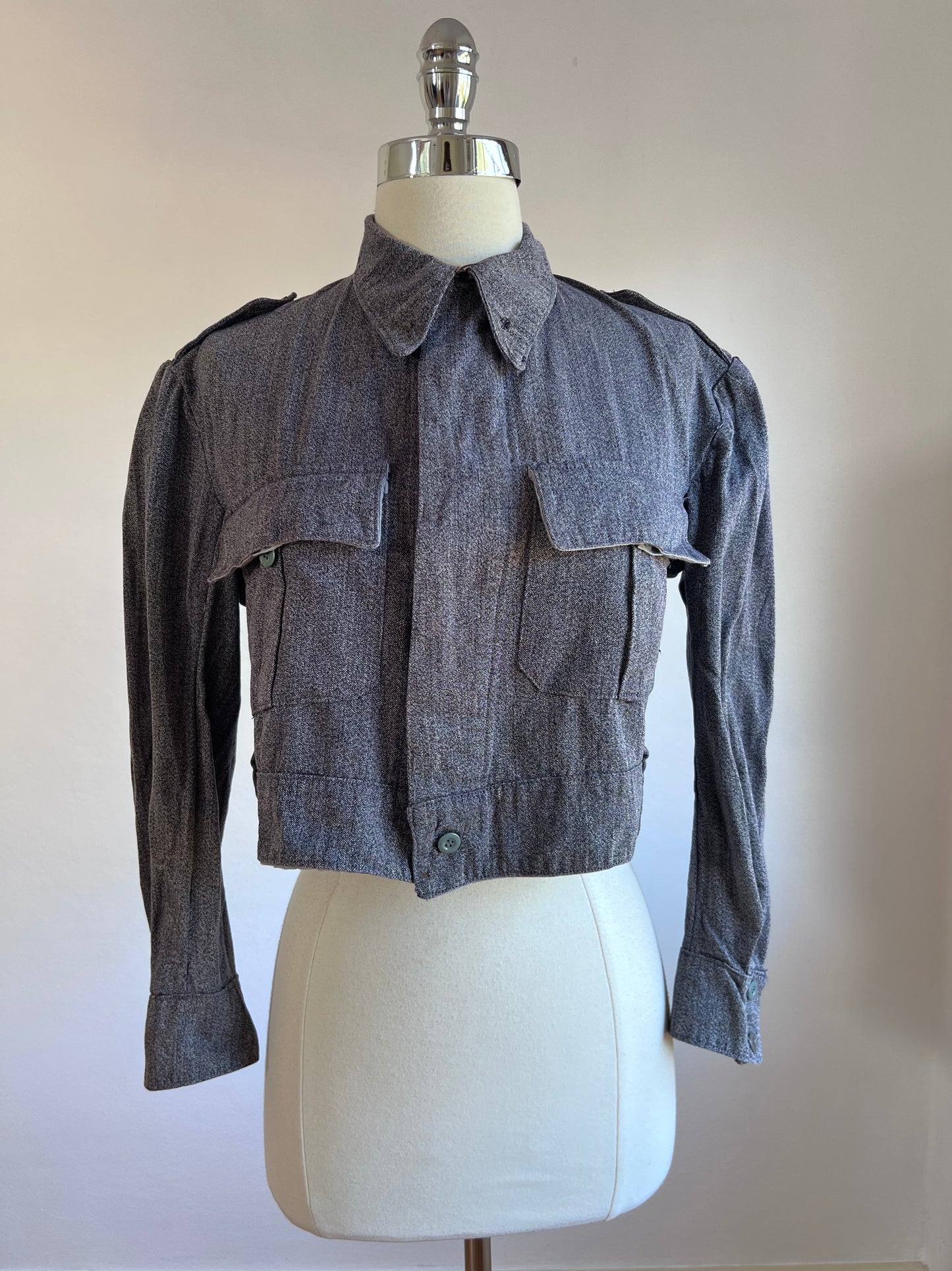 1950s Vintage Salt & Pepper Grey Cotton Denim Sporty Cropped Spanish Tiny Fit Jacket Size M