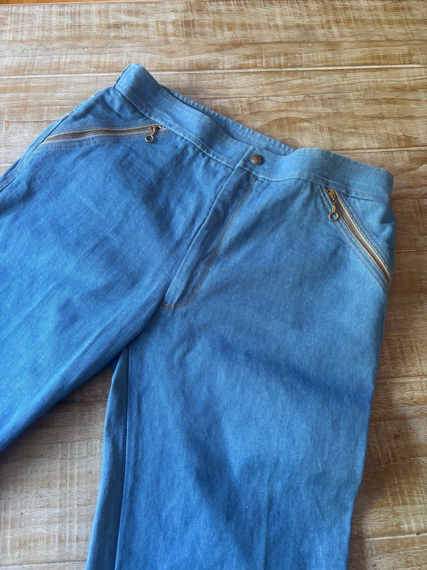 Vintage 1970s Denim Jeans - Deadstock "Over the Top" Cotton Quadruple Zipper Wide Leg Pants Size L Waist 32"/34"