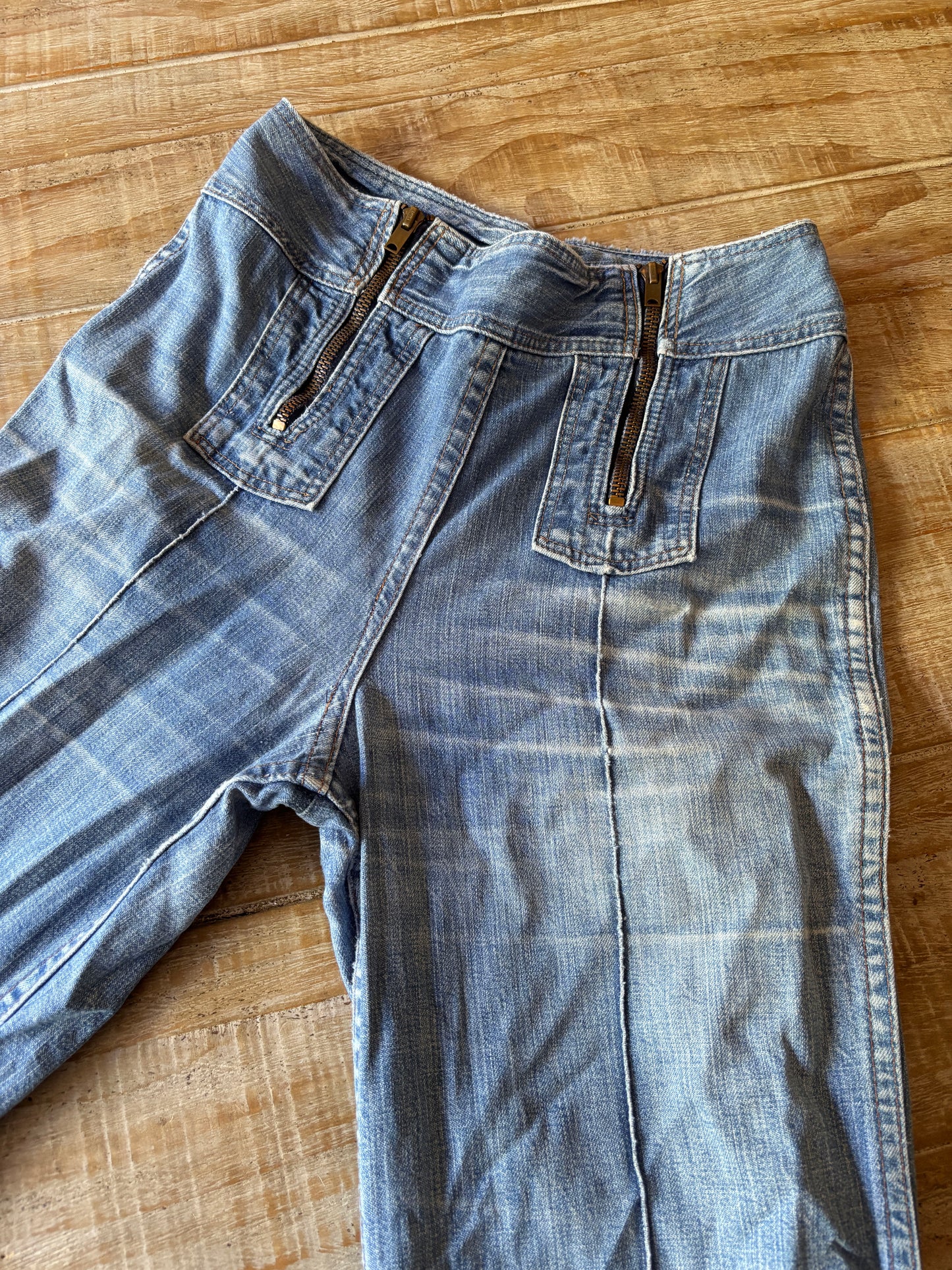 Vintage 1970s Denim Jeans - Double Zipper Front Cotton Bell Bottoms Flares Pants Size S - Waist 26"