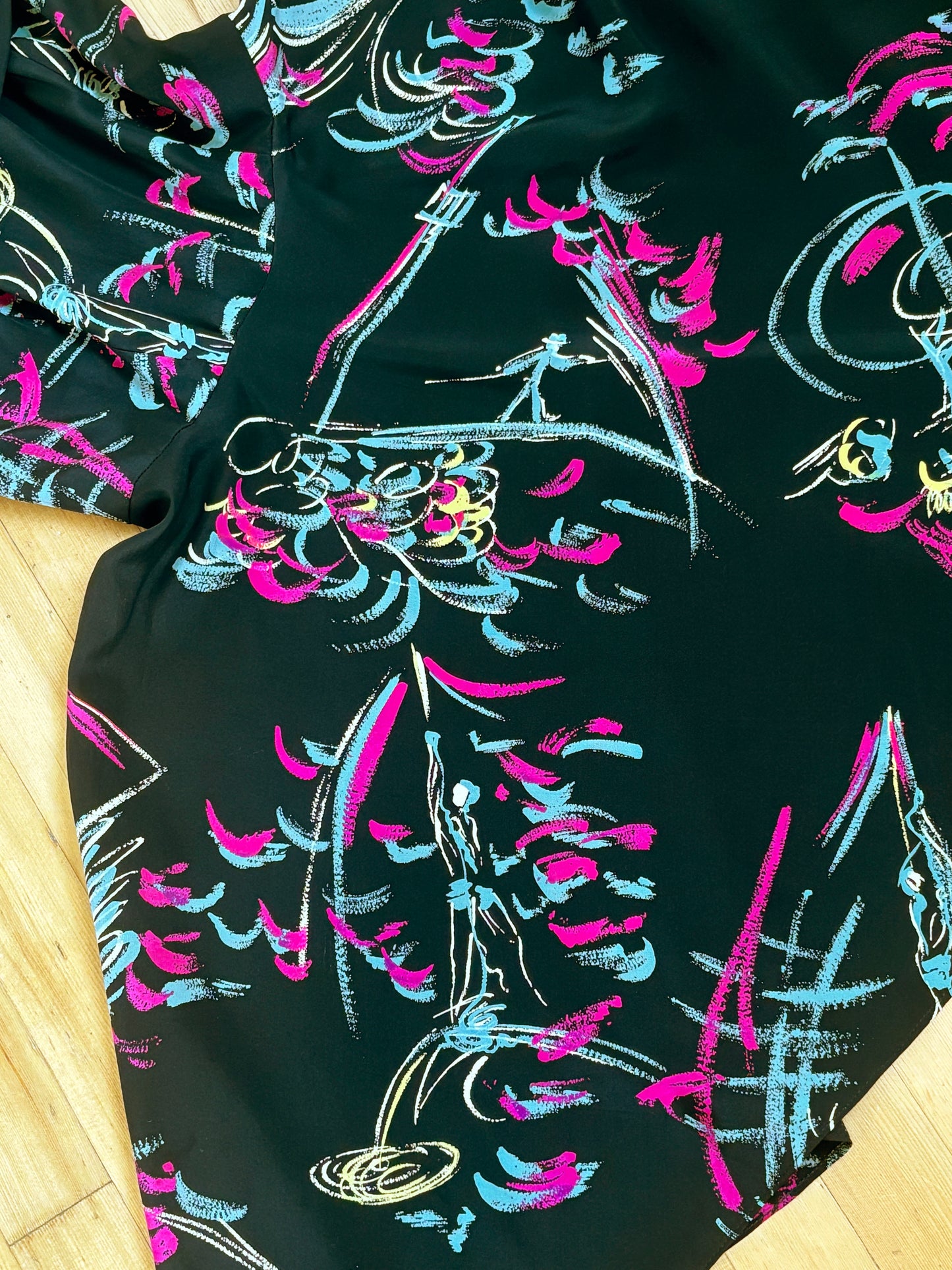 Vintage 1940s Dress - Rare! Surreal Onondaga Silk Novelty Print Tightrope Walker French Streetlamp Size S
