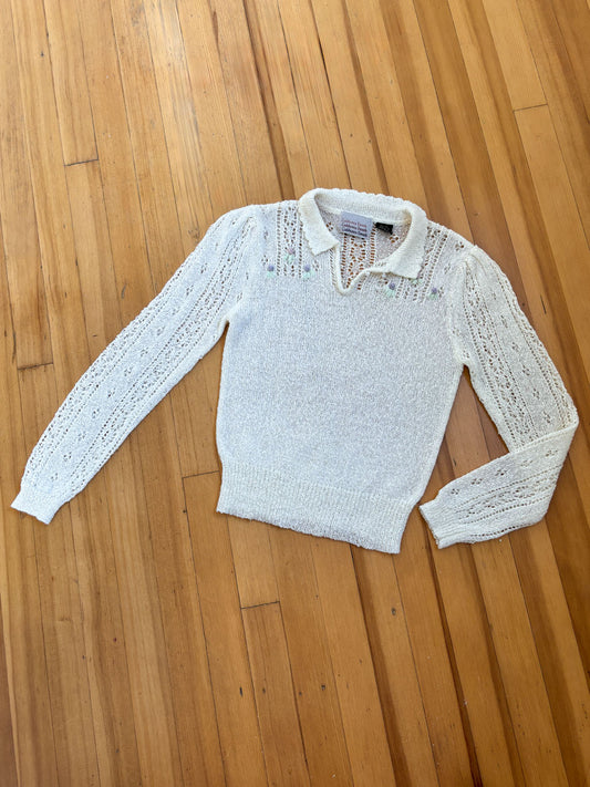 Vintage 1970s Sweater - Adorable Creme with Pastel Embroidery Pullover Pointelle Top Size S to M
