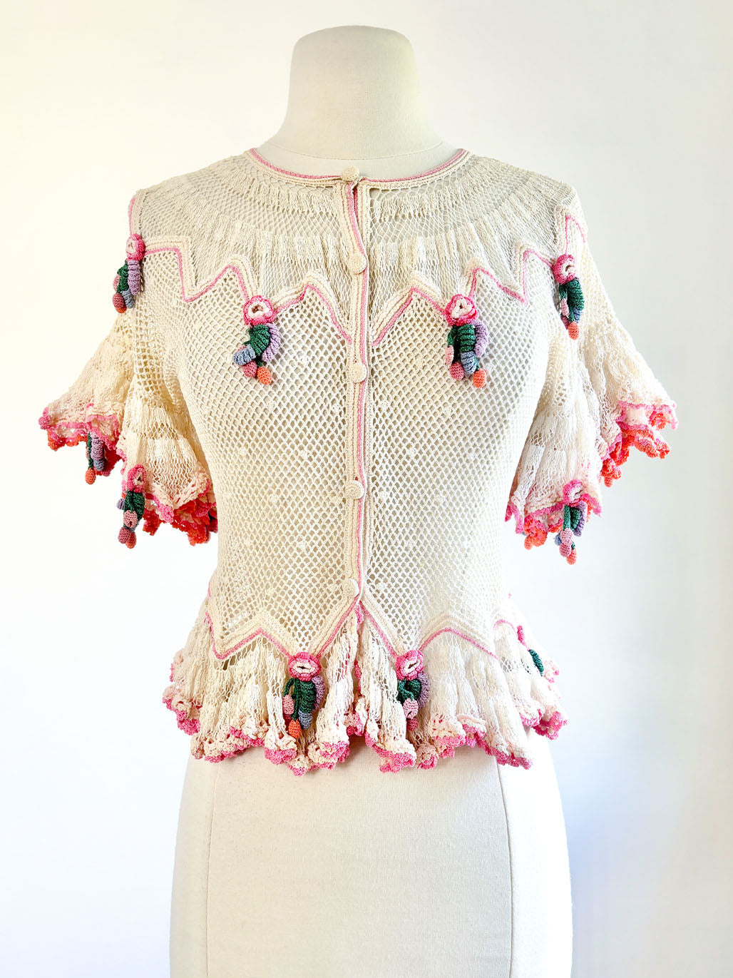 Vintage 1970s 1980s Crochet Blouse - Hand-Made Lim's Pastel Fever Dream 3D Cardigan Top Size XS to M