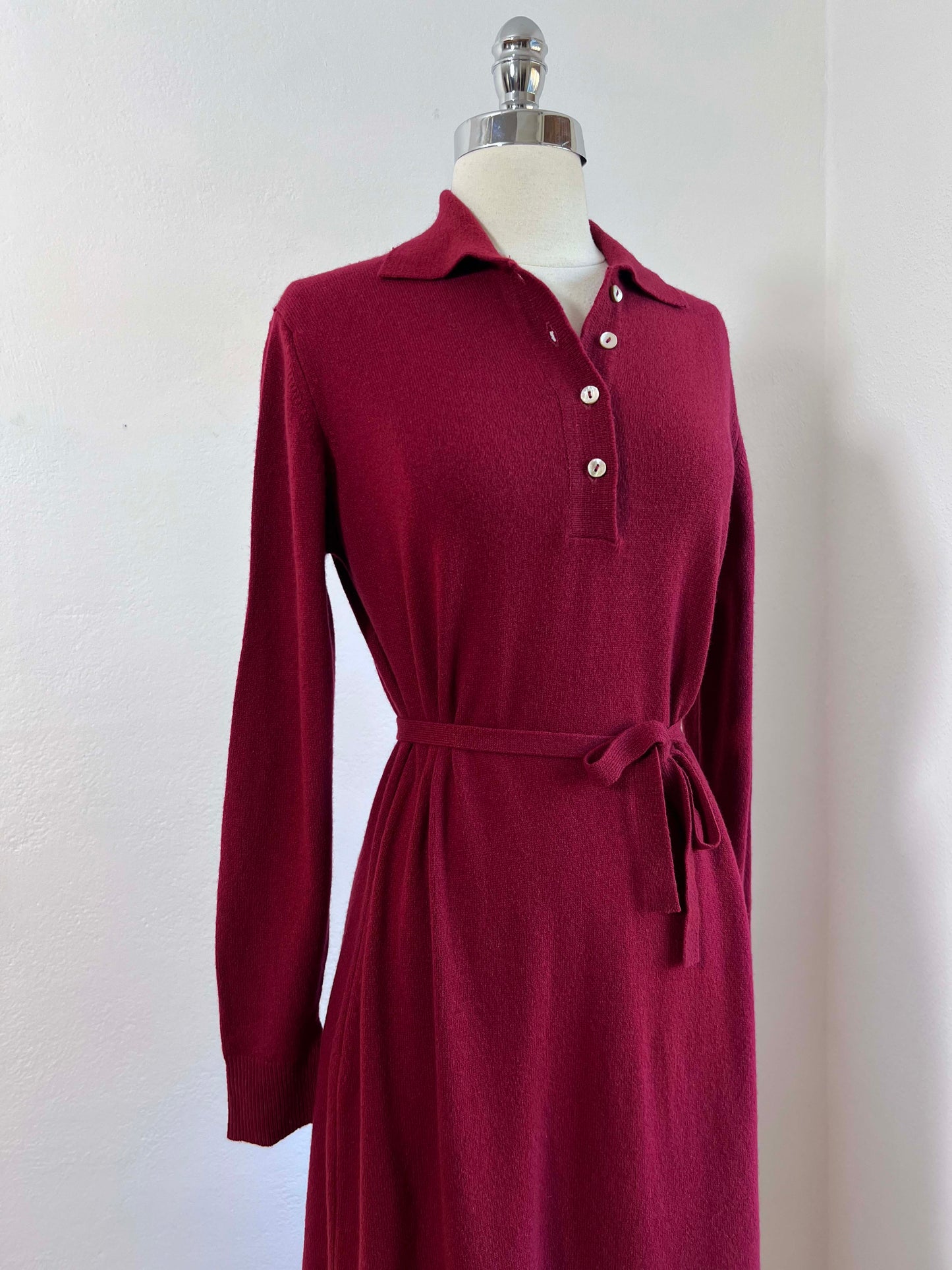 Vintage 1960s to 1970s Cashmere Knit Dress - Deep Wine Red Designer Curve-Hugger w Belt Size M to XL