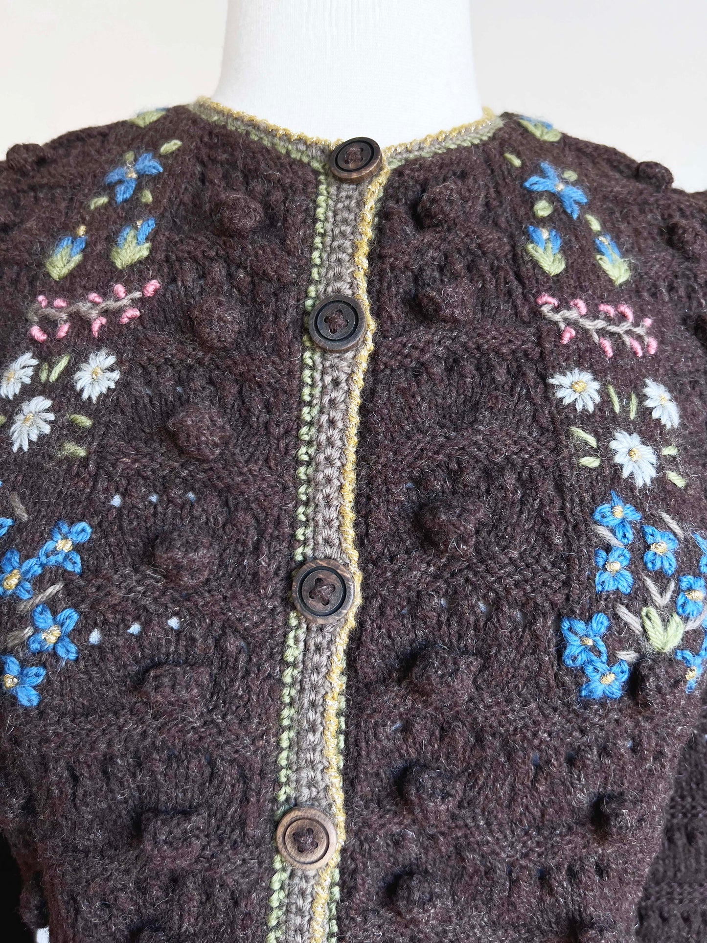 Vintage 1980s Early Label Wolkenstricker Sweater - HIGH END Pure Wool Hand-Knit Chocolate Embroidered Austrian Folk Puff Sleeve Cardigan Size S to M