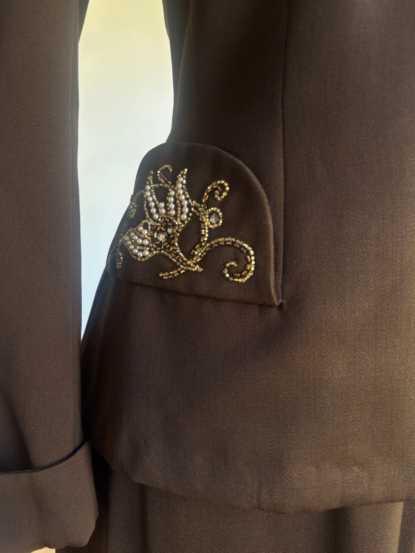 Vintage 1940s Suit - Stunning Chocolate Gabardine Wool Designer Blazer Jacket Skirt w Beaded Lotus Size S to M
