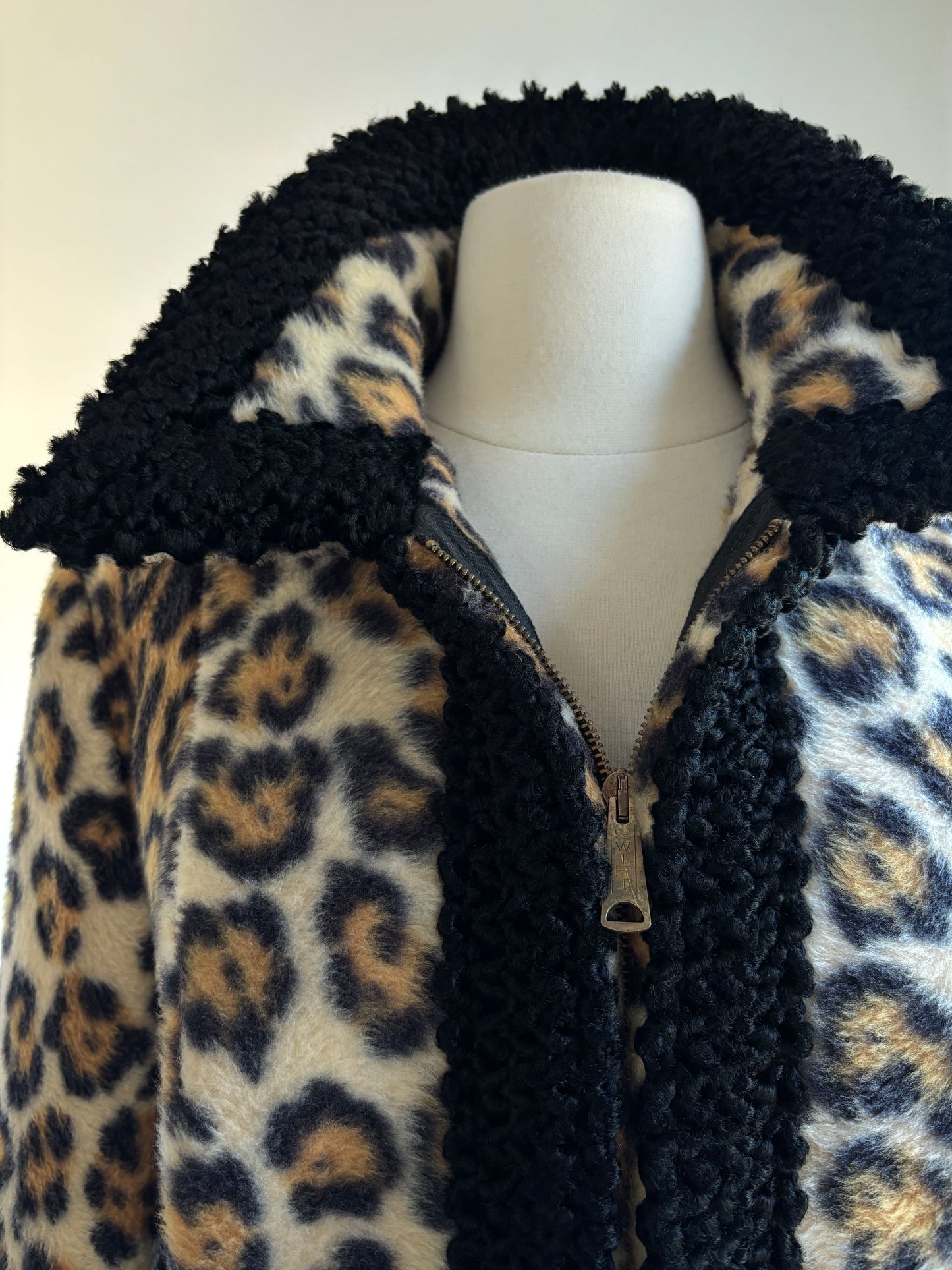 Vintage 1960s Leopard Print Coat - Luxe Mod Faux Fur Persian Lamb Designer Zipper Coat Size L