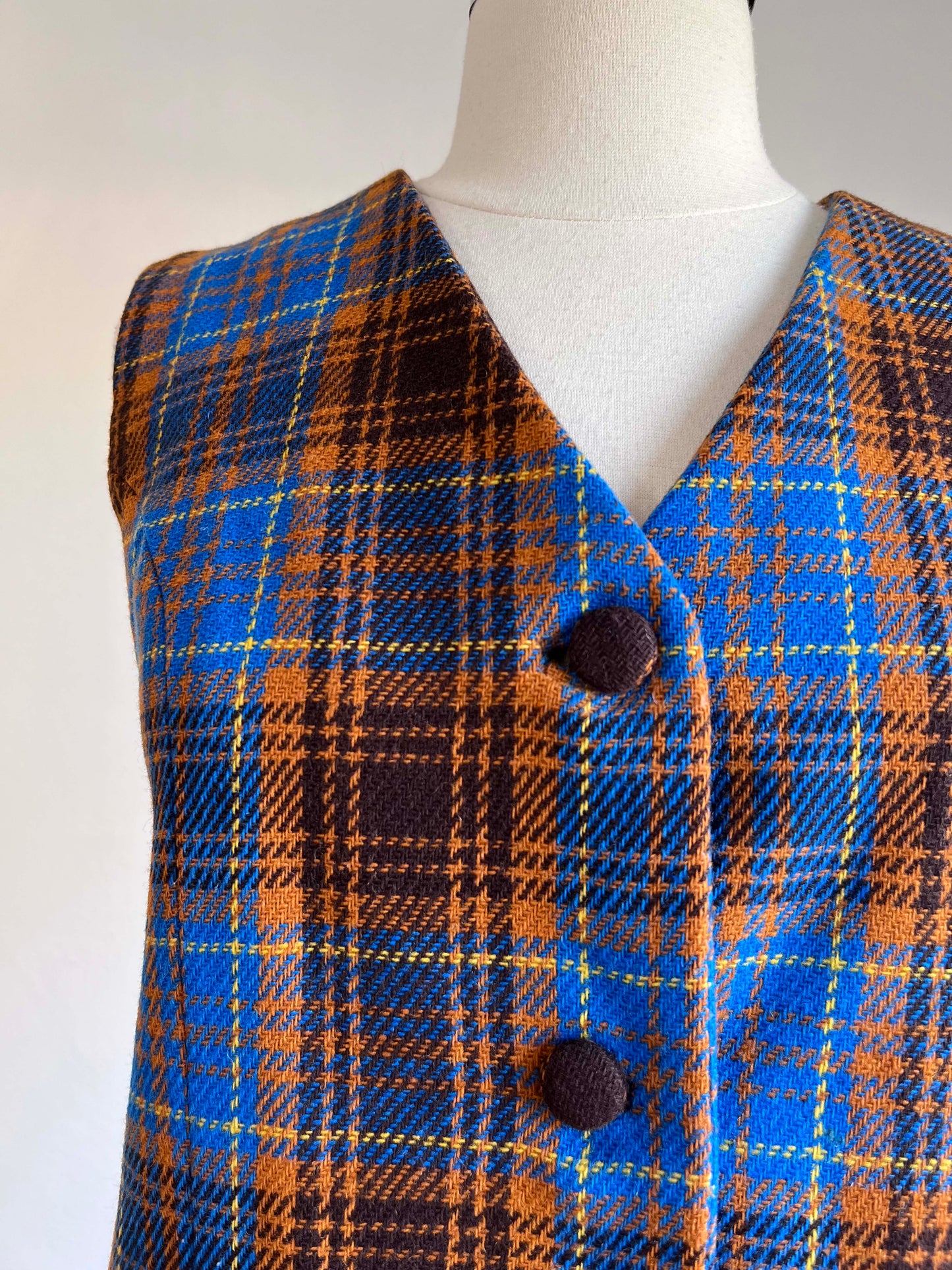 Vintage 1960s Vest + Skirt Suit - COZY LIBRARIAN Blue Yellow Tan Wool Plaid Waistcoat Size M