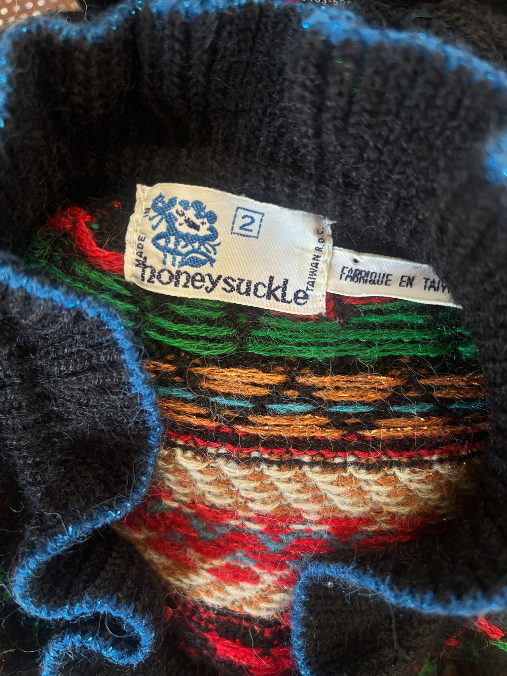 Vintage 1970s does 1940s Sweater - Cutest Black Rainbow Fair Isle Cardigan w Pom Poms Size M