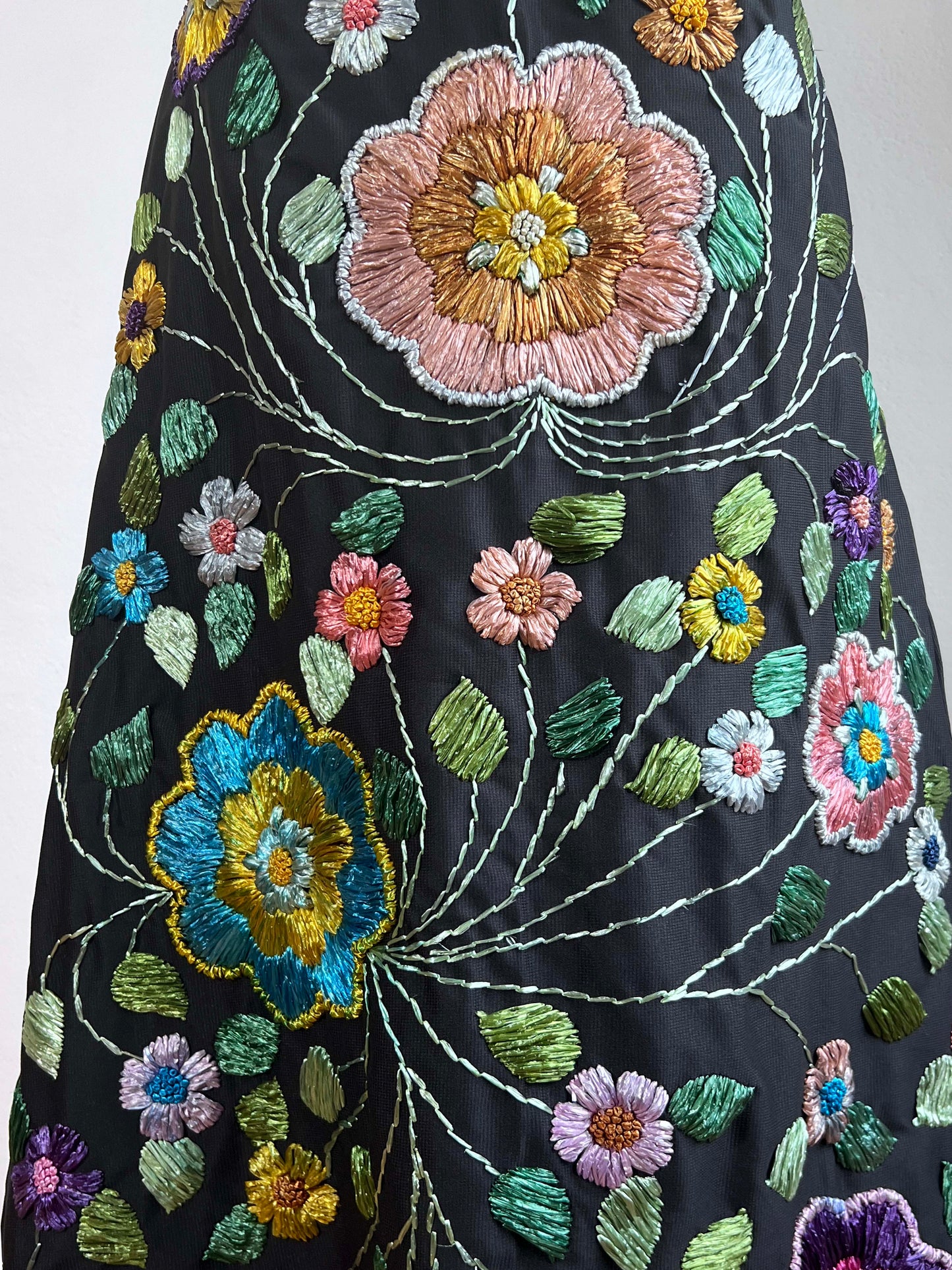 Vintage 1960s Skirt - RARE + INCREDIBLE Black w Pastel Rainbow Embroidered Straw Flowers Maxi of Dreams! Size S - M