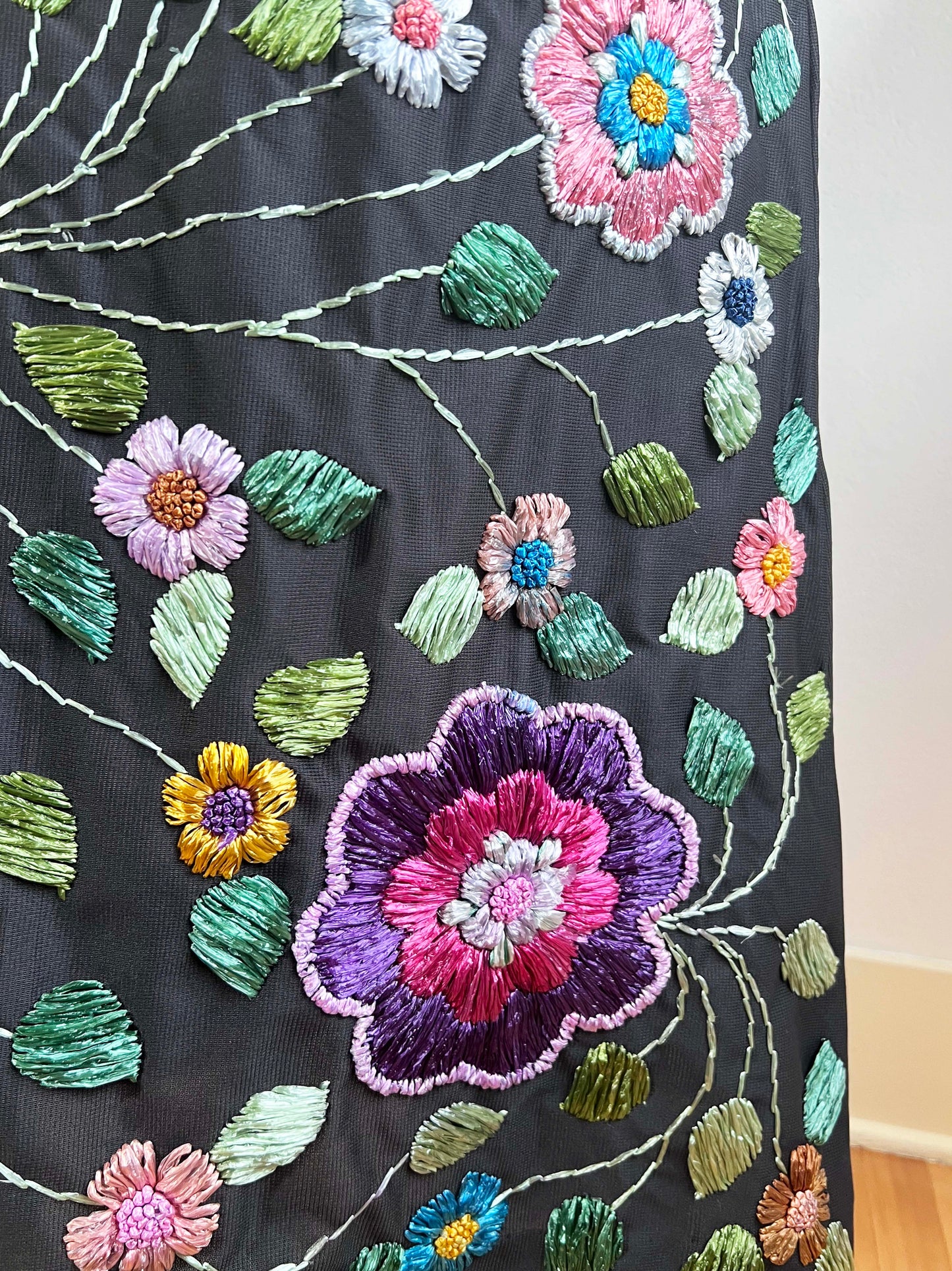 Vintage 1960s Skirt - RARE + INCREDIBLE Black w Pastel Rainbow Embroidered Straw Flowers Maxi of Dreams! Size S - M