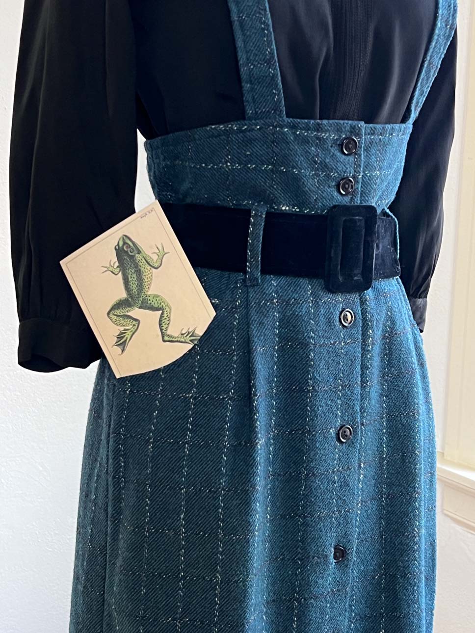 Vintage 1980s does 1940s Noir Suspender Dress - SUPER COOL Menswear Teal Plaid Wool Hobble Skirt Jumper w Belt Size XS to S