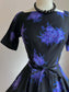 Vintage 1950s Rose Print Dress - LUSH Black Blue Violet L'aiglon Cotton Belted Full Skirt Dress Size XS - S