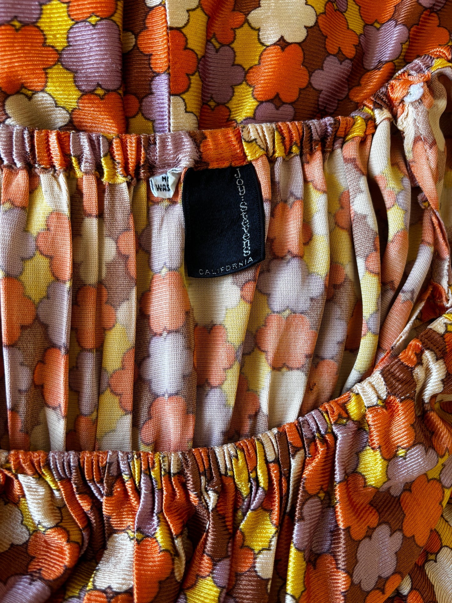 Vintage 1970s Maxi Sundress - Slinky Soft Jersey Autumn Mod Flowers Joy Stevens Dress w Puff Sleeves Size XS to M