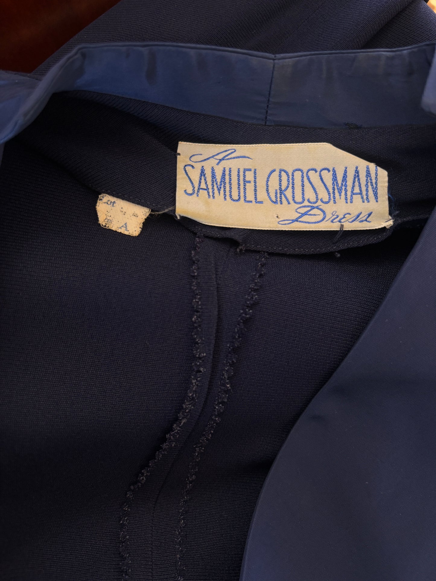 Vintage 1940s Designer Dress - Stellar High-Style Blue Rayon/Taffeta Samuel Grossman w Witchy Crescent Moons Size XS to Small