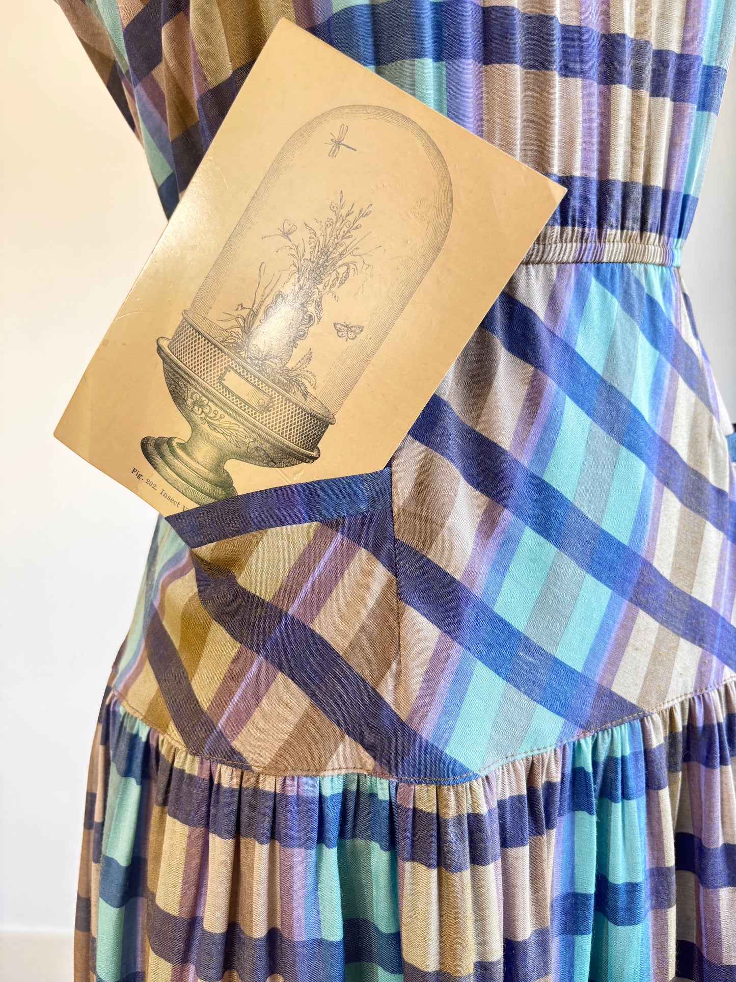 Vintage 1980s Madras Plaid Dress - Darling Violet Aqua Fawn w Button Trim Sundress Size
