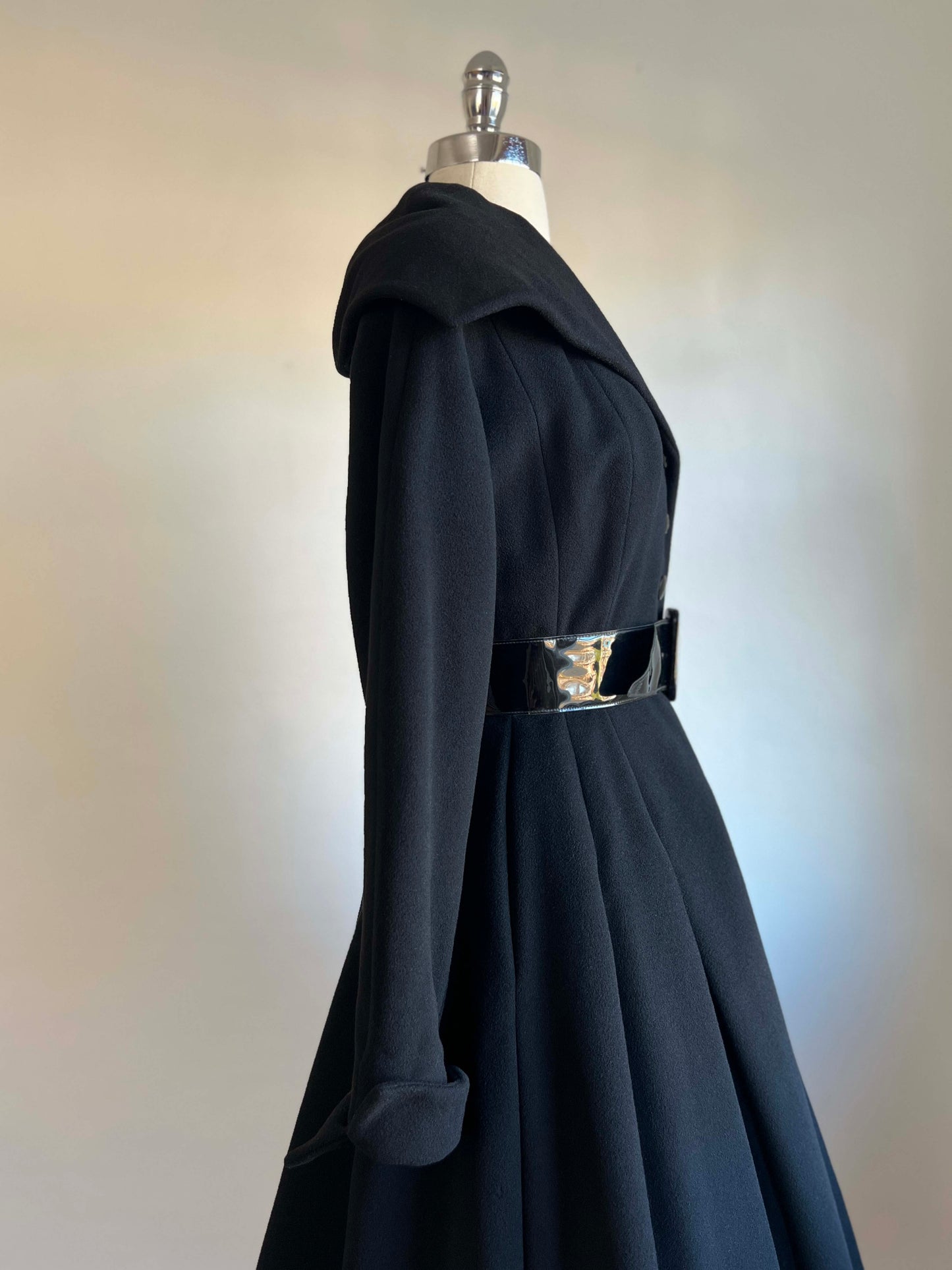 Vintage 1950s Princess Coat - THE BEST Black Cashmere/Wool + Velvet w Wide Black Belt Coat Size XS - S