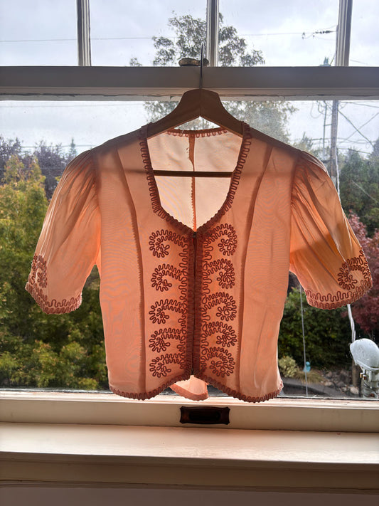 Vintage 1930s Metal Zipper Jacket Blouse - Lingerie Pink Soutache Puff Sleeve Zip-up Top Size XS to Small
