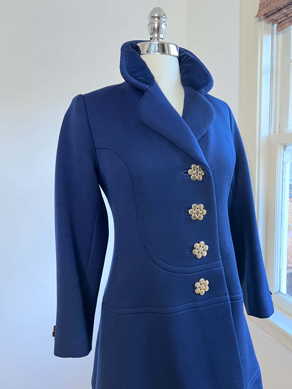 Vintage 1960s - 1970s Wool Princess Coat - RICH + REFINED Sapphire Blue w Heavy Silver Cast Buttons Size S