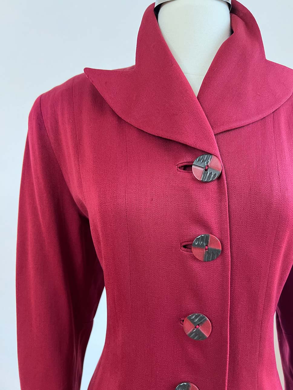 Vintage 1940s Gay Life Princess Coat - Rare WINE RED Documented 1948 Wool Gabardine Deco Half Belt Overcoat w Bakelite Buttons Size M to L