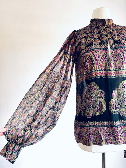 Vintage 1970s Blouse - Incredible Sheer Indian Silk Balloon Bishop Sleeve Top w Gold Size S to M