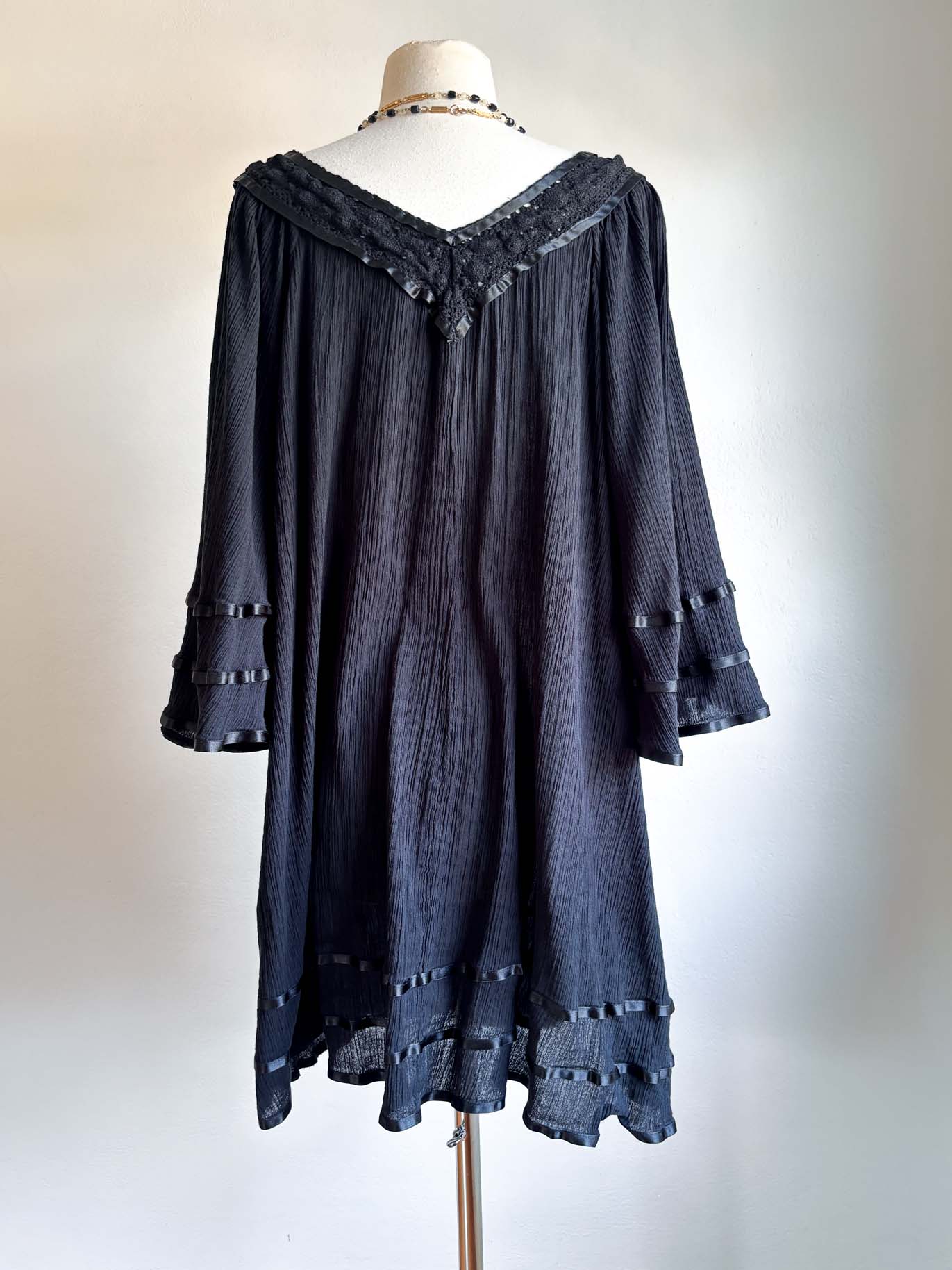 Vintage Black Mexican Gauze Cotton Gown - Angel Sleeve Crinkle Crochet Satin Ribbon Kaftan Tent Sundress One Size XS to XL