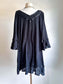 Vintage Black Mexican Gauze Cotton Gown - Angel Sleeve Crinkle Crochet Satin Ribbon Kaftan Tent Sundress One Size XS to XL