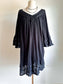 Vintage Black Mexican Gauze Cotton Gown - Angel Sleeve Crinkle Crochet Satin Ribbon Kaftan Tent Sundress One Size XS to XL