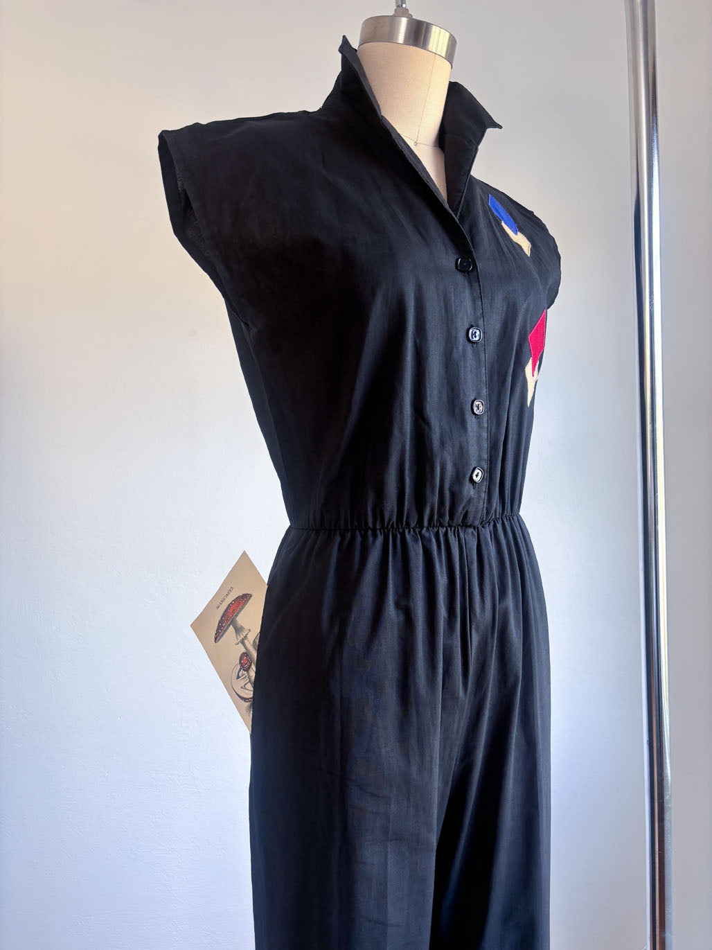 Vintage 1970s does 1950s Jumpsuit - Black Cotton Rockabilly Atomic Diamond Appliques Romper Size XS to S