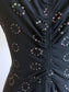 Vintage 1940s Dress - Black Rayon w Peekaboo Caged Neck, Peplum, and Rings o' Rainbow Glitter Size XS to S