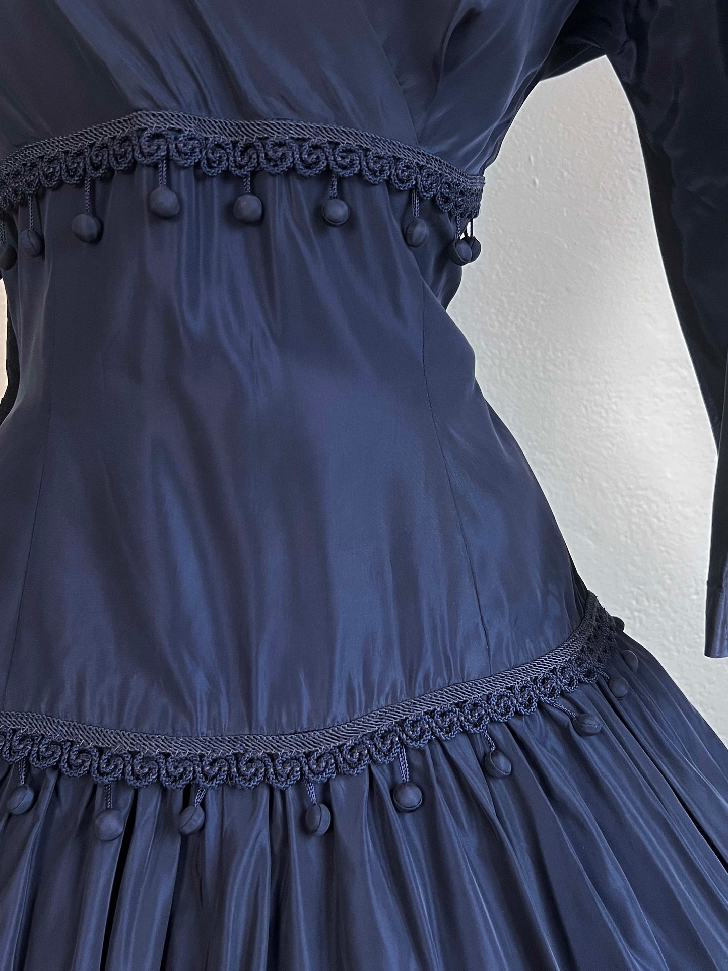 Vintage 1950s Dress - SUBLIME Midnight Blue Taffeta w Satin Gimp Trim Likely Suzy Perette Size M