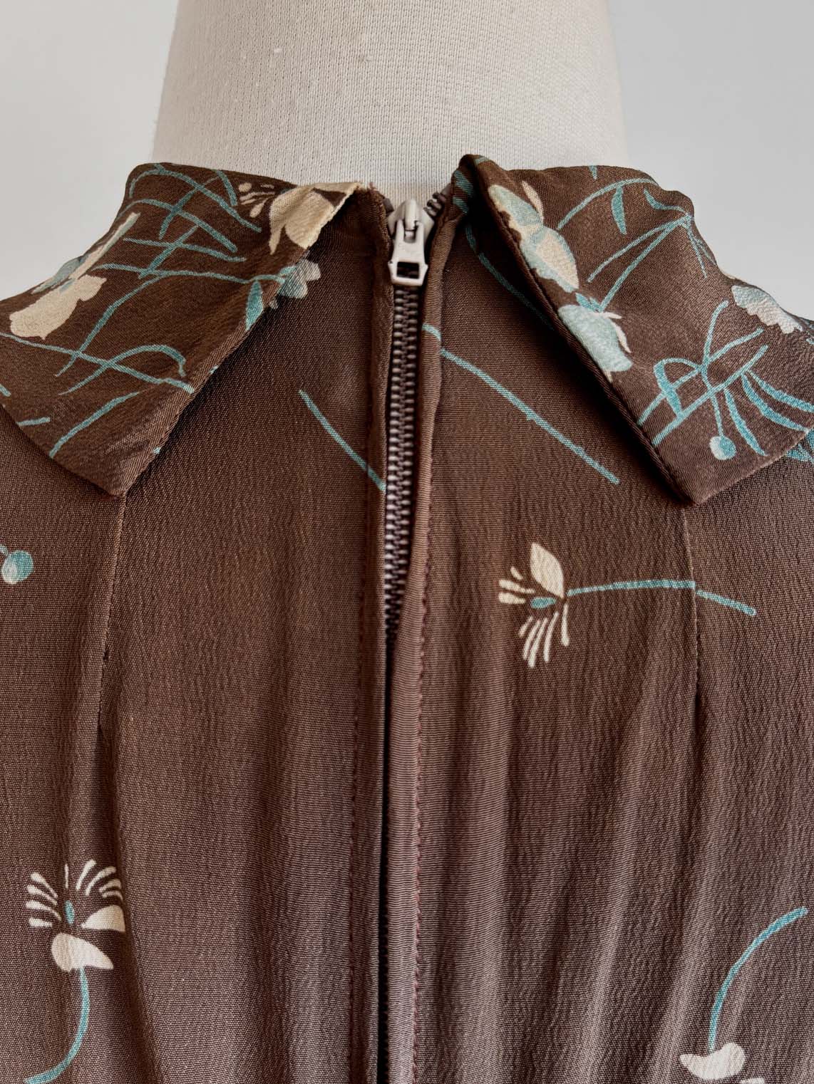 Vintage 1940s Dress - Smart Cocoa + Delphite Blue Floral R&K Originals Dress Size S to M