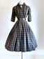 Vintage 1950s to 1960s Dress - Wonderful Woven Cotton Olive Black Plaid Shirtwaist Size M