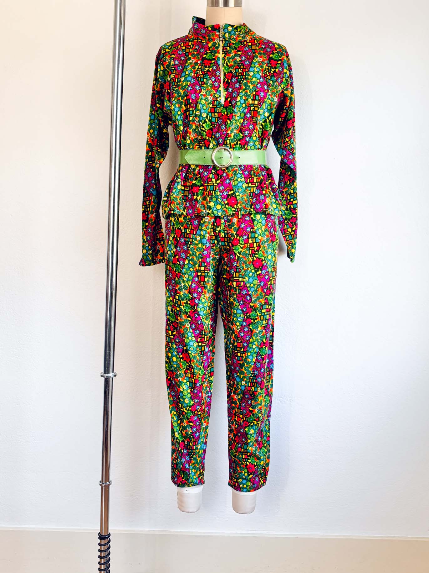 Vintage 1960s Psychedelic Pant Suit - Acid Neon Print Designer Metal Zip-up Top + Cigarette Pants Size M