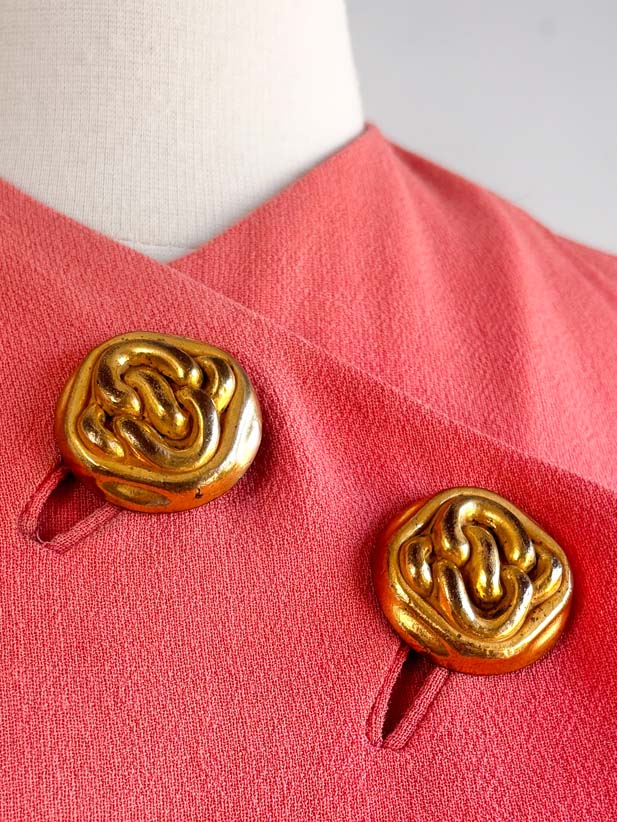 Vintage 1940s Dress - Smart, Sophisticated Coral Pink Wool Samuel Grossman w Gold Metal Accents Dress Size