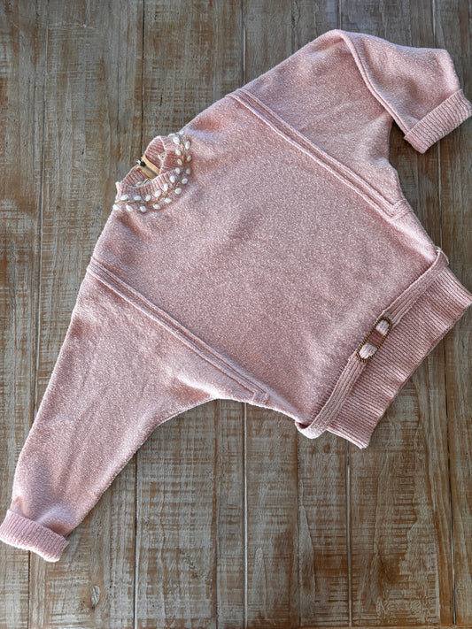 Vintage 1950s Sweater - Ballet Pink Pussy Willow Embroidery + Brass Belt Wasp Waist Wool Angora Top Size M L XL