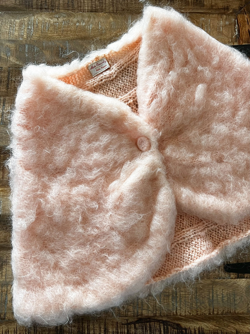 Vintage 1950s Hand-Knit Mohair Capelet - Perf Pastel Pink Fuzzy Soft Shoulder Cropped Shawl Fits Most