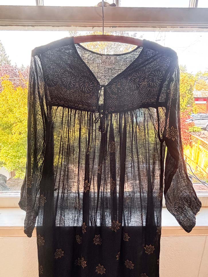 Vintage 1970s Indian Gown - Rare Black Gauze Cotton Block Print Metallic Gold Tunic Kaftan Dress Size S to M