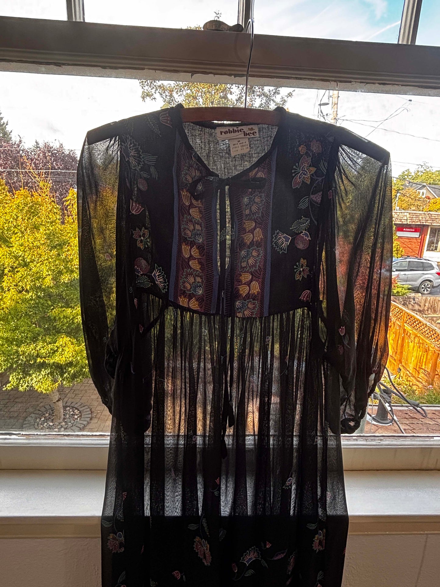 Vintage 1970s Rayon Gown - Indian-Inspired Boho Black Goth Border Print Robbie Bee Tent Tunic Size S to M