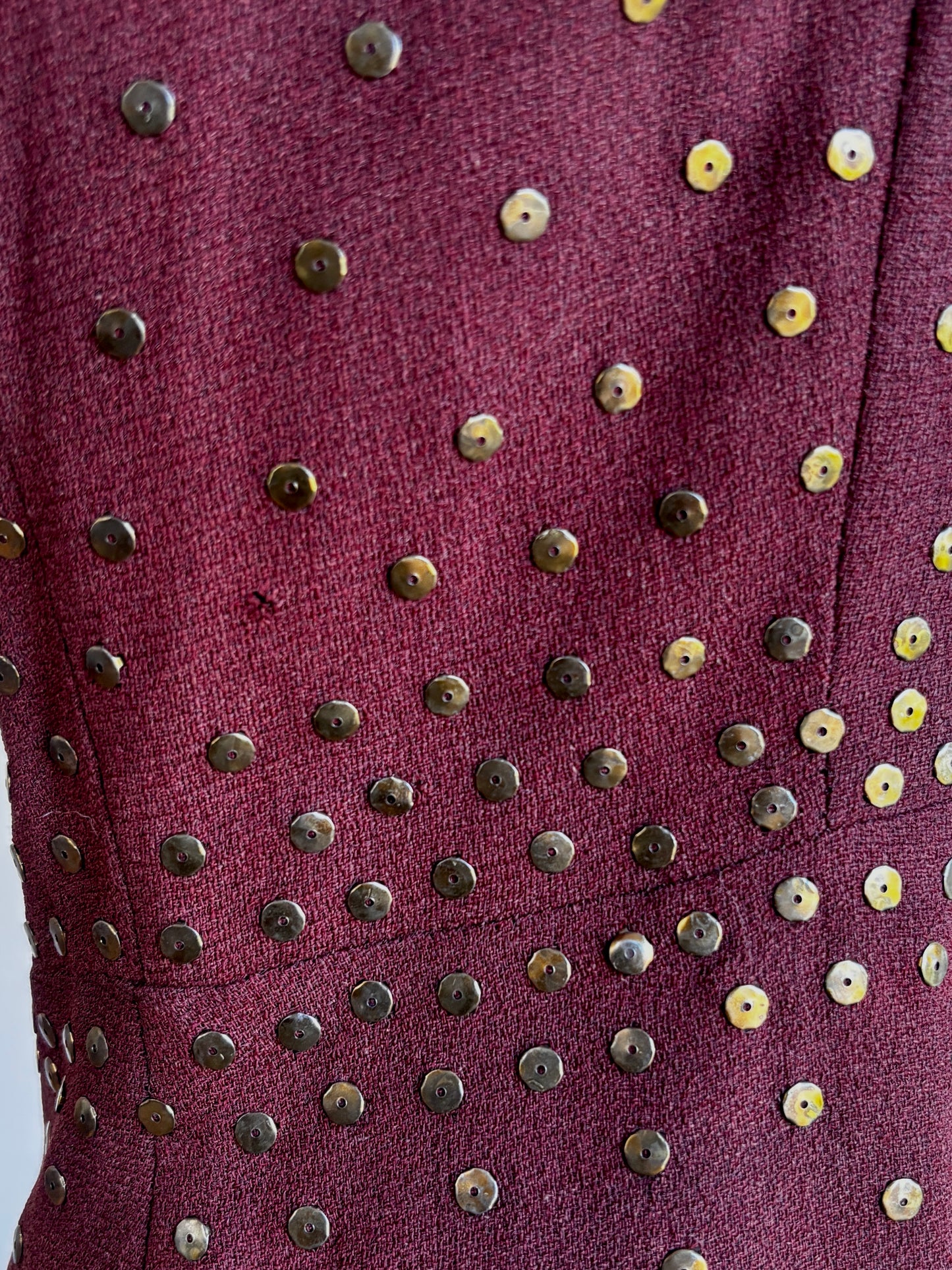 Vintage 1940s Dress - Stunning Bronze Crepe Rayon w Golden Metal Sequin Studs Dress Size M to L